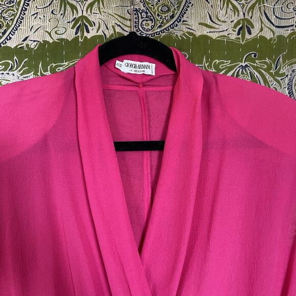 Vintage 80's Giorgio Armani Magenta Silk Semi-Sheer Wrap Front Blouse Size 10 - Picture 2 of 16